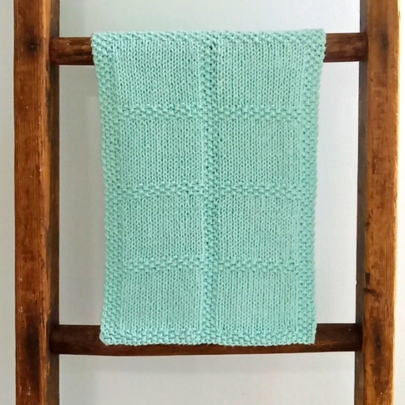 Hand Crafted Other - Hand Crafted Handknit Aqua Blue Textured Windowpane Pattern Cotton Hand Towel